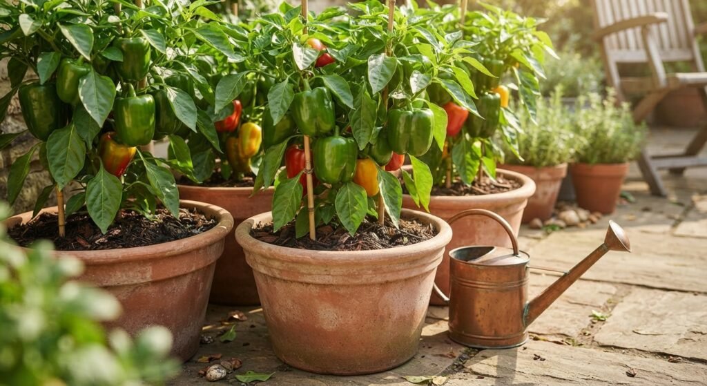 Potted pepper plants growing in containers on a sunny patio.