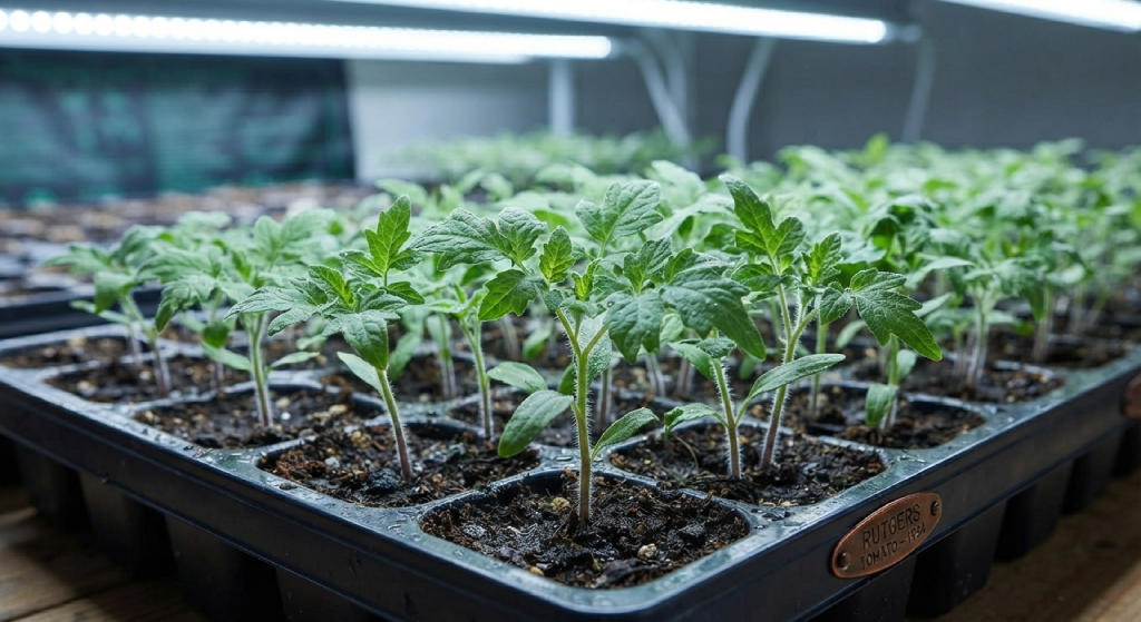 Young tomato seedlings growing in a tray under grow lights.