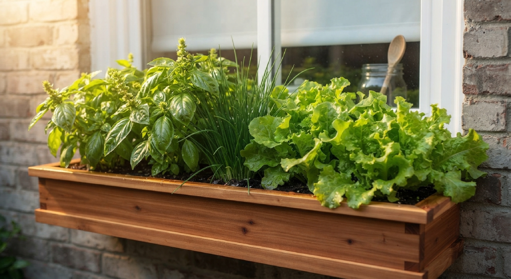 Window box filled with fresh herbs and leafy greens outside a sunny window.