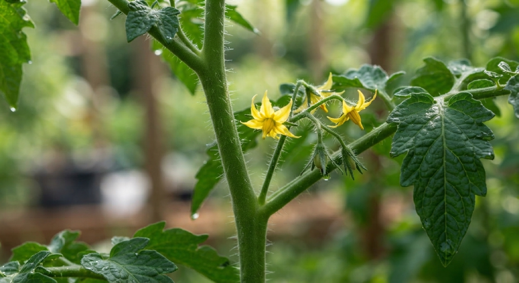 Healthy green tomato plant foliage and yellow blossoms.