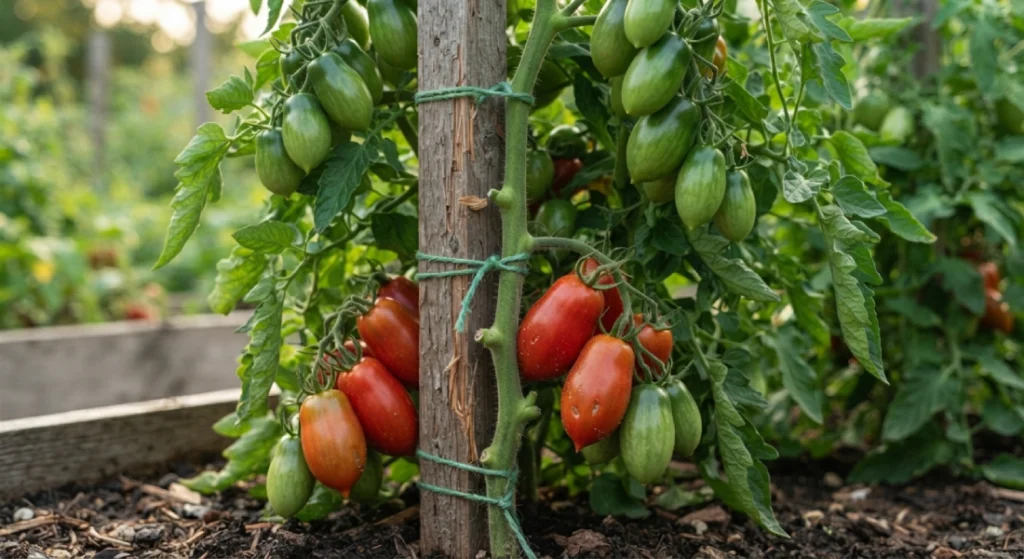 Tall San Marzano tomato plant supported by a stake with fruit clusters.