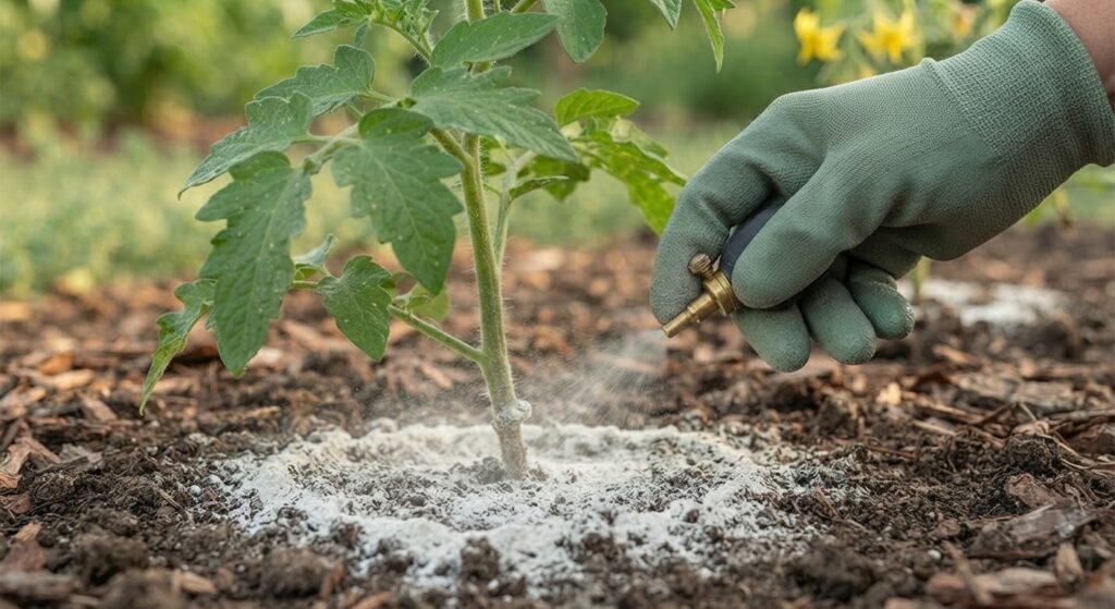 Applying diatomaceous earth around the base of a tomato plant.