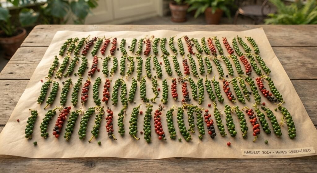 Fresh peppercorn spikes laid out on parchment paper to dry on a workbench.