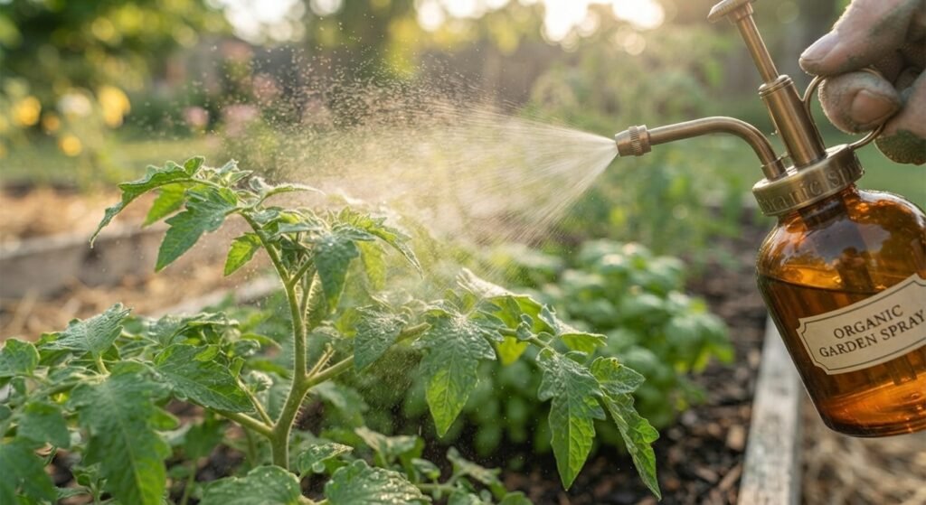 Spraying organic neem oil on tomato plant leaves.