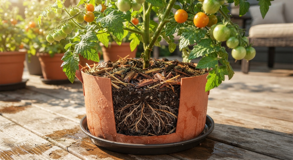 Potted tomato plants with mulch on a sunny patio.