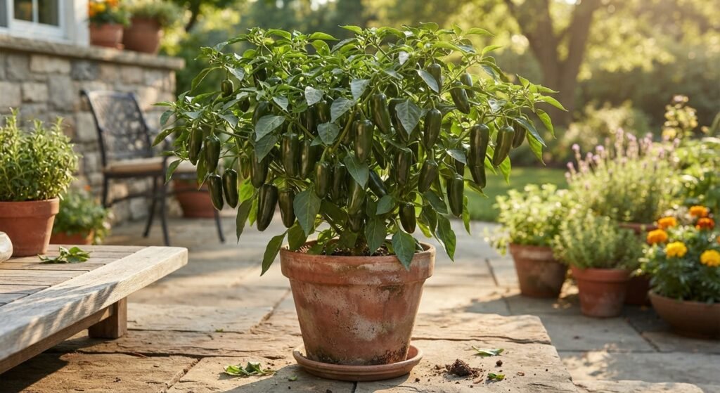 A healthy jalapeno pepper plant loaded with fruit growing in a terracotta pot on a patio.