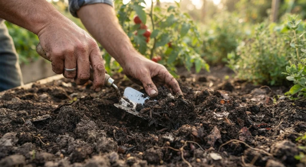 Mixing rich organic compost into garden soil for planting tomatoes.