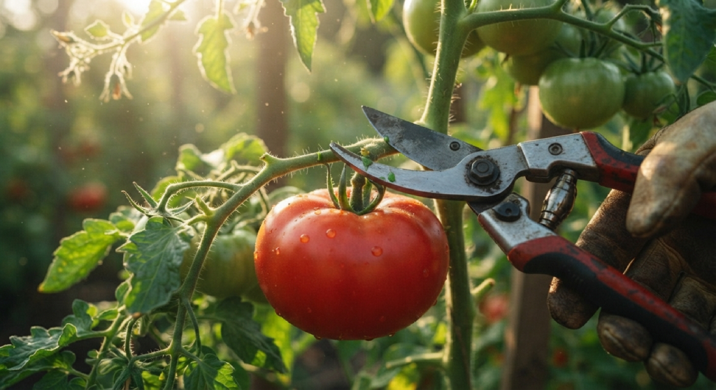 Harvesting a ripe red tomato from the vine with garden shears.