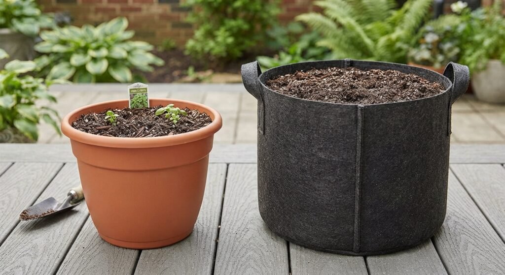 Different sized pots and grow bags used for growing container tomatoes.