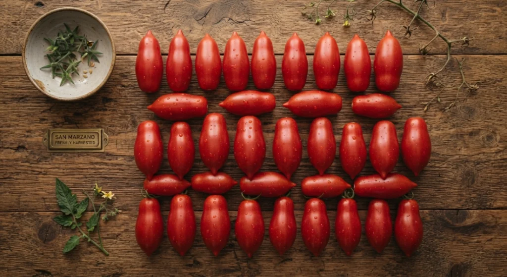 Freshly harvested San Marzano tomatoes showcasing their signature long, pointed shape.