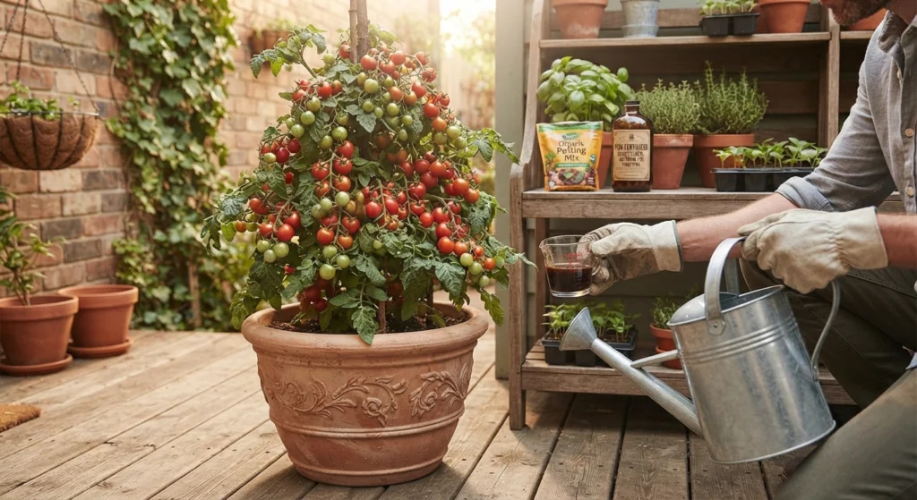 Gardener preparing to mix fish fertilizer for a potted tomato plant on a patio deck.