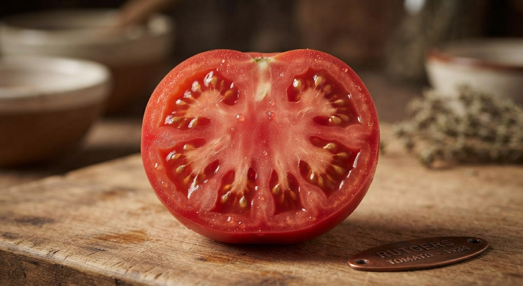 Cut Rutgers tomato showing meaty red flesh and small seed cavities.