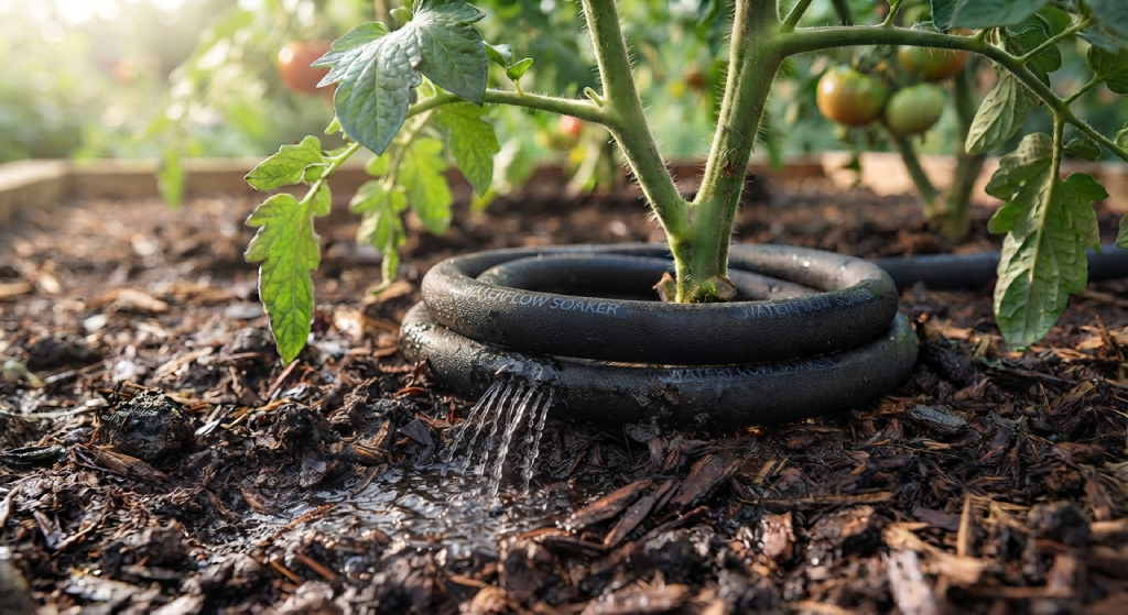 Using a soaker hose to water the base of a tomato plant surrounded by mulch.