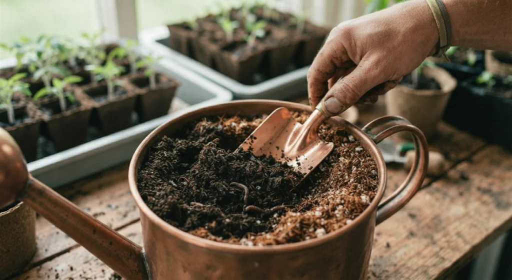 Blending organic compost into potting soil for tomato seedlings.