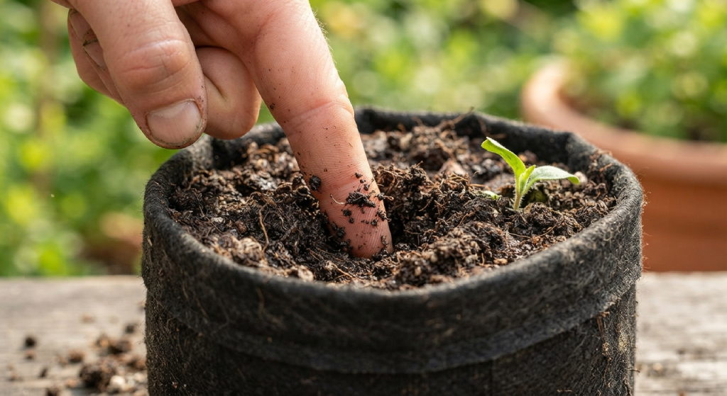 Testing soil moisture with a finger in a container garden pot.
