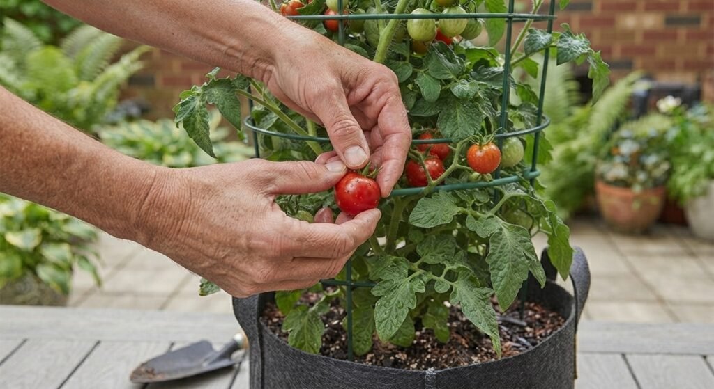 Harvesting a ripe red tomato from a container plant.