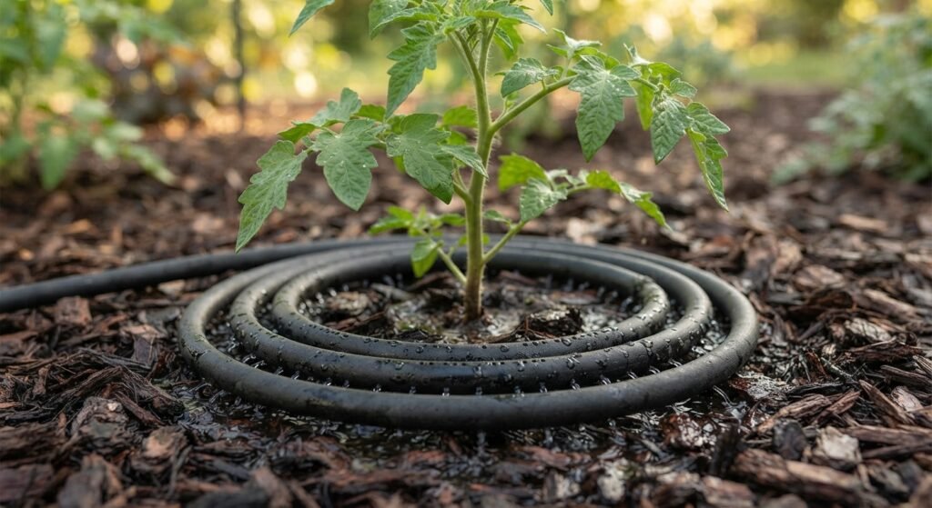 Soaker hose delivering water to the base of a tomato plant.