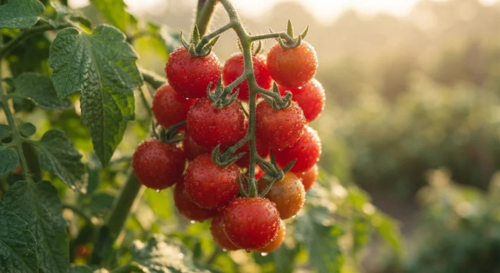 Close-up of a truss holding a dozen ripe Sweet Million cherry tomatoes.