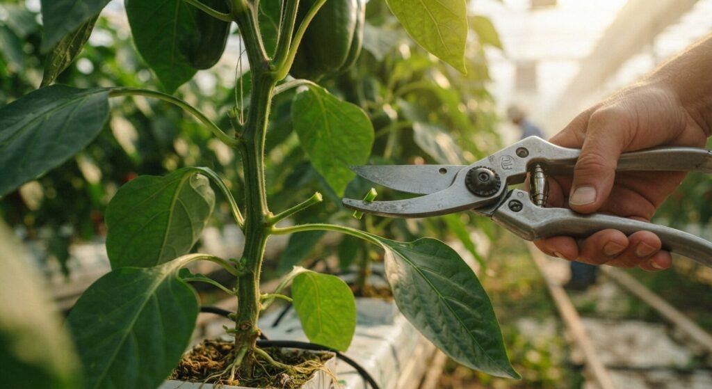 Pruning lower leaves of a greenhouse pepper plant for better airflow.