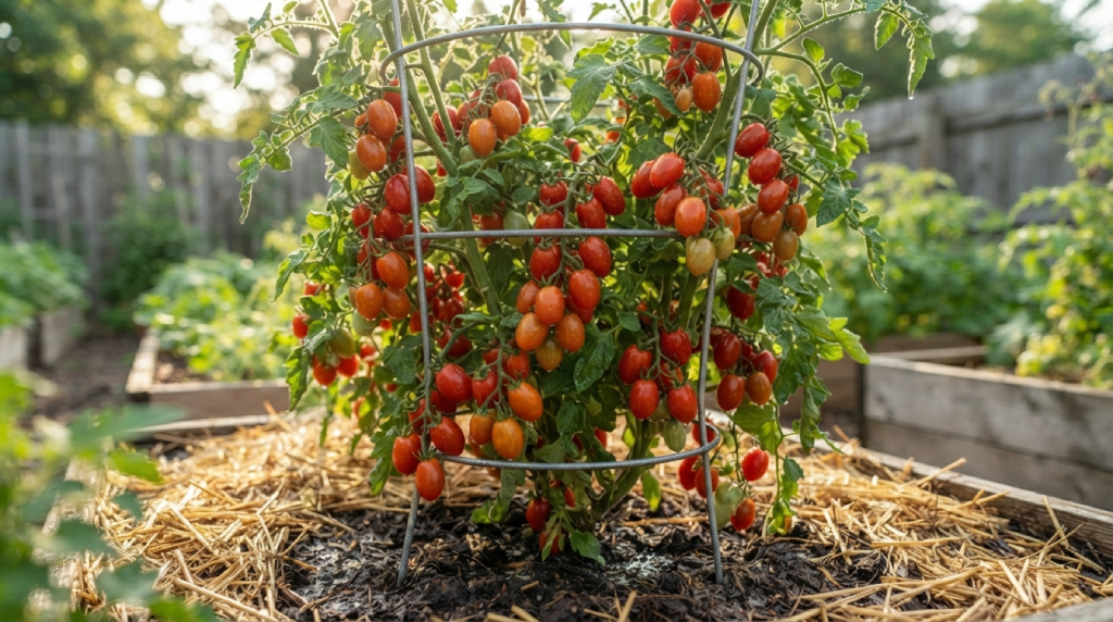 Grape tomato vines supported by a sturdy metal garden cage.