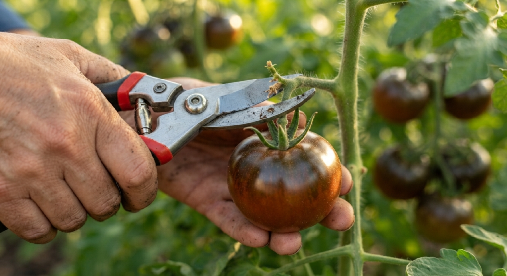 Harvesting a ripe Black Prince tomato with pruning shears.