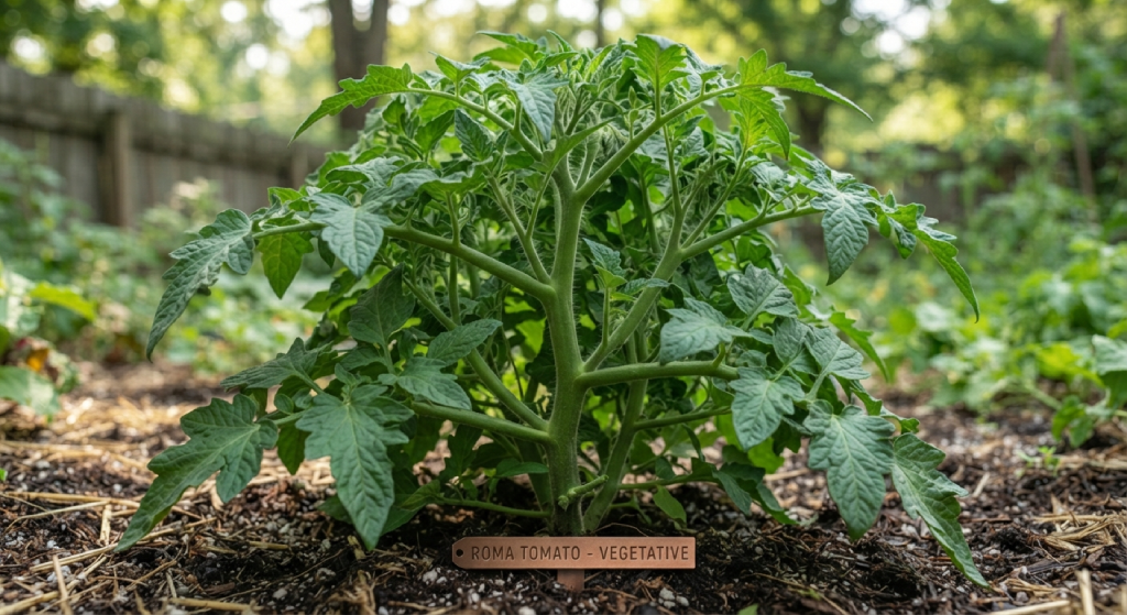 Bushy Roma tomato plant during the vegetative growth phase.