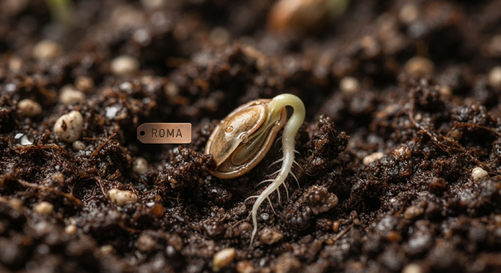 Roma tomato seed sprouting in damp soil.