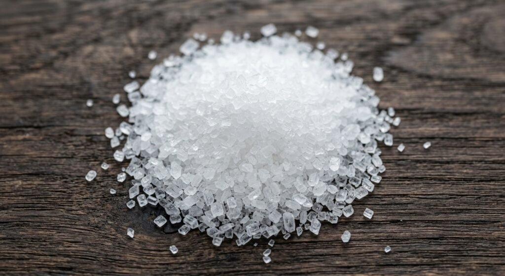 Close-up macro view of white Epsom salt crystals on a wooden surface.