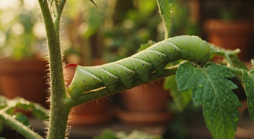 Close-up of a green tomato hornworm camouflaged on a tomato plant stem.