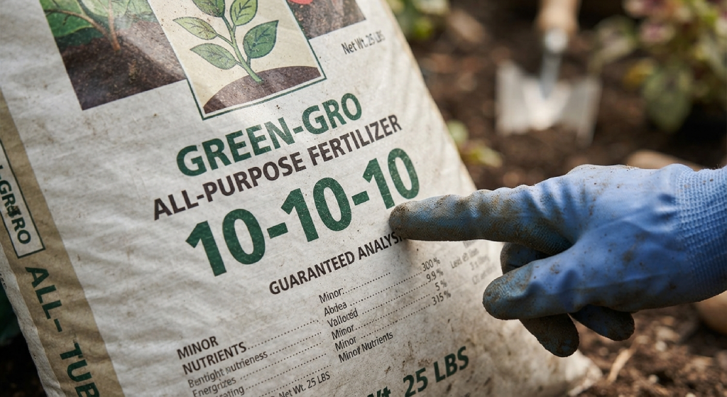 Close-up of fertilizer packaging label showing the NPK ratio numbers.