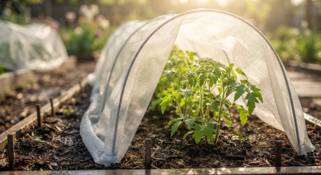 Young tomato plants covered with protective row fabric in spring.