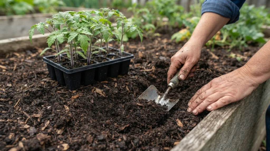 Working compost into garden soil to prepare for planting tomatoes.