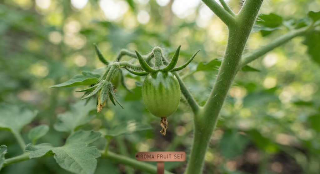 Small green oblong Roma tomato forming after fruit set.