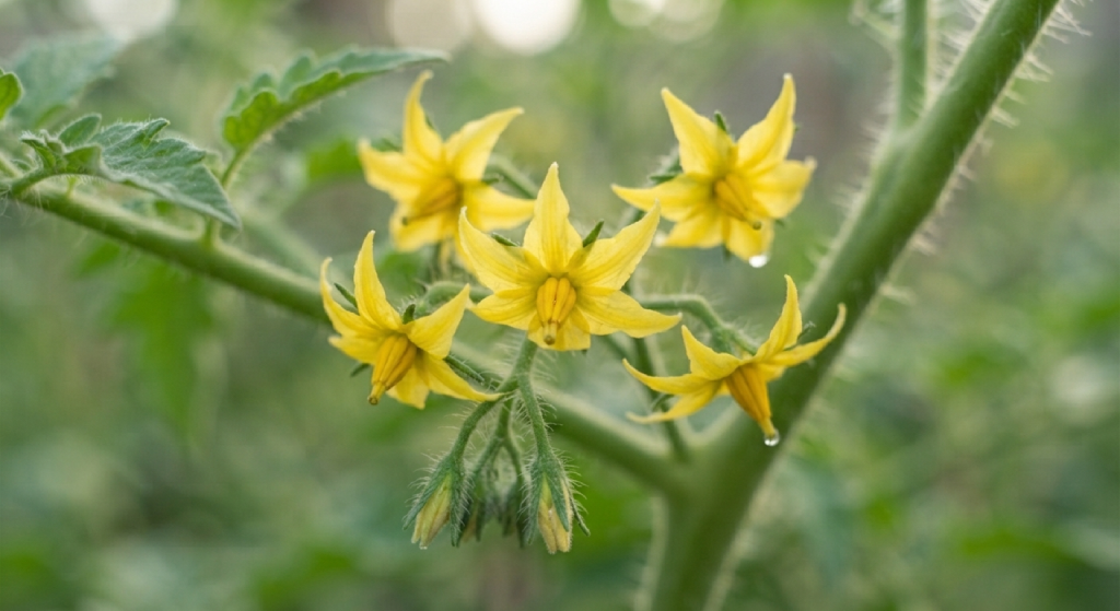 Close-up of yellow tomato flowers on the vine.