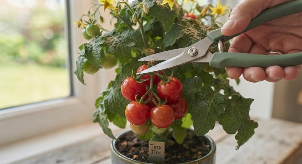 Harvesting ripe cherry tomatoes from an indoor plant with scissors.