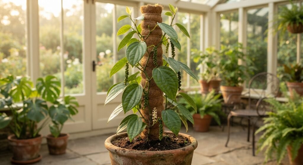 A black pepper vine climbing up a coir-wrapped support pole in a container.