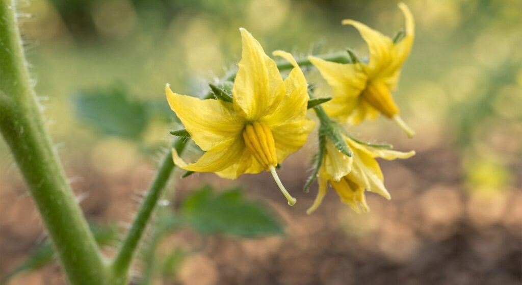 Close-up of yellow tomato blossoms ready for pollination.