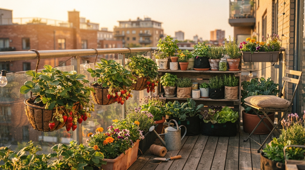 Window box filled with fresh herbs and leafy greens outside a sunny window.