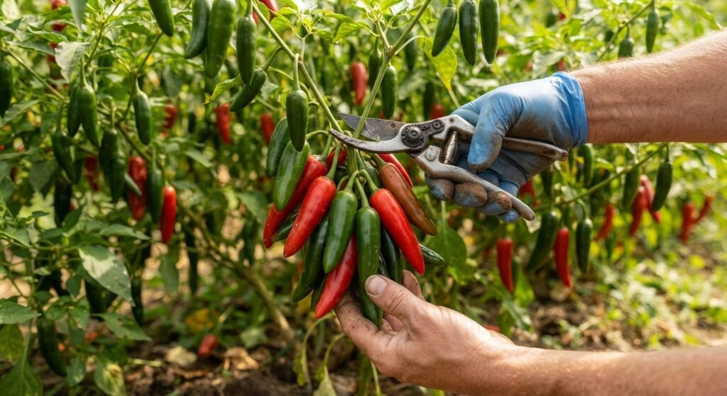 Harvesting ripe red and green serrano peppers from a prolific garden plant with shears.