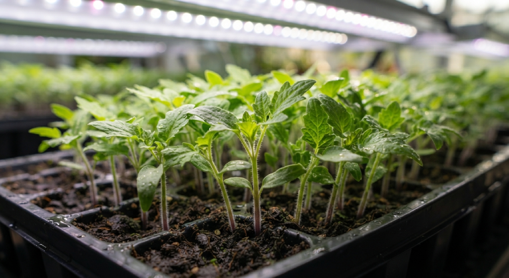 Healthy grape tomato seedlings growing indoors under a grow light.
