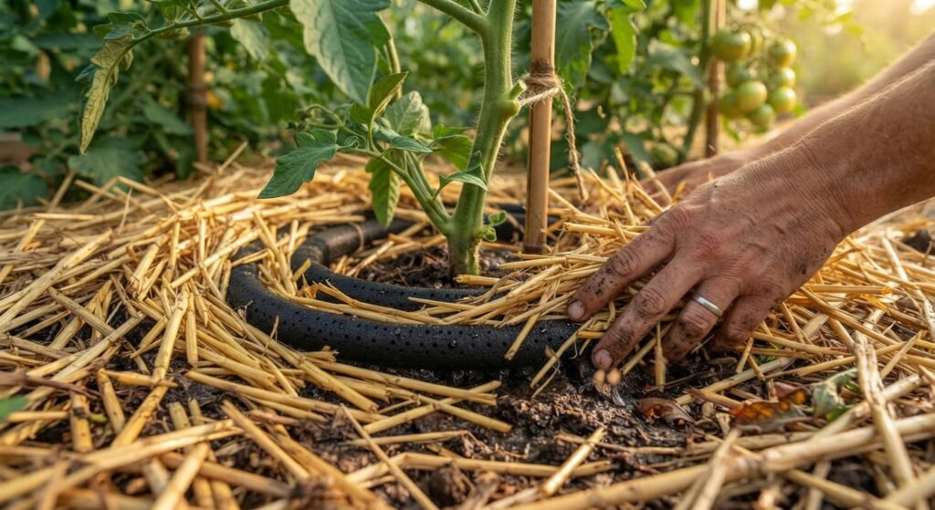 Spreading straw mulch around the base of a tomato plant to retain moisture.