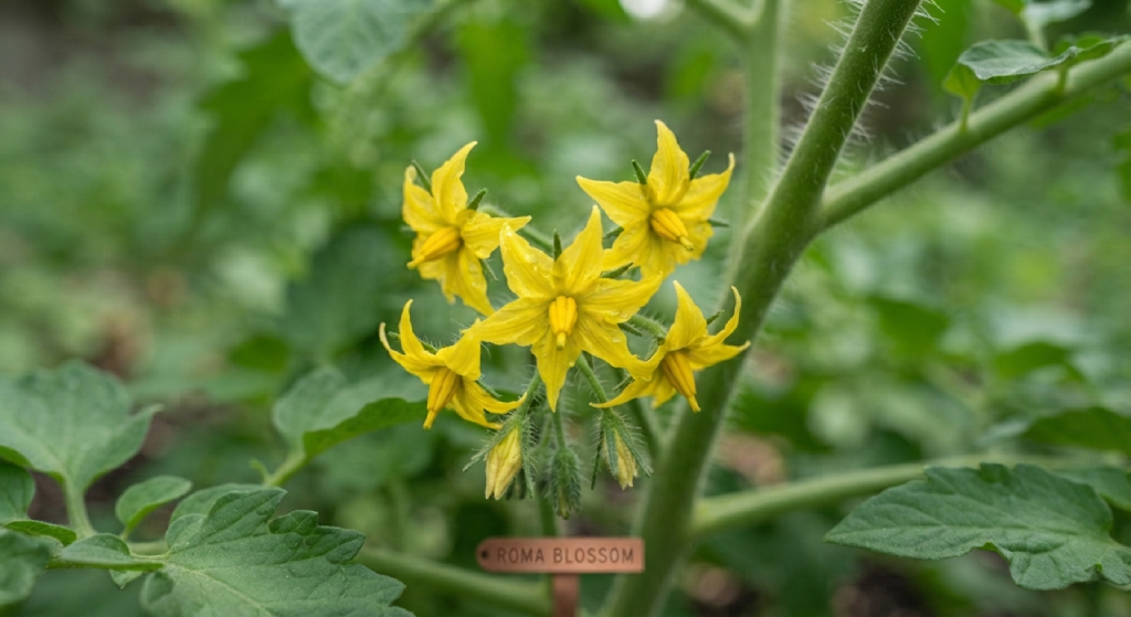 Close-up of yellow Roma tomato flowers on the vine.