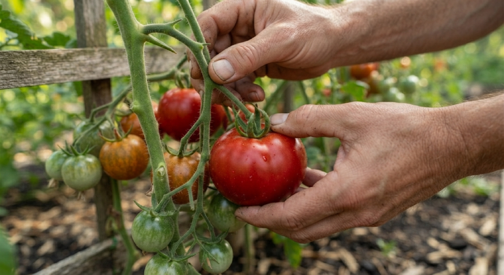 Harvesting a ripe red tomato from the vine.