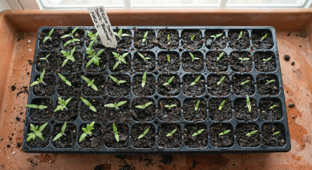 Tiny tomato seedlings sprouting in a seed tray indoors.