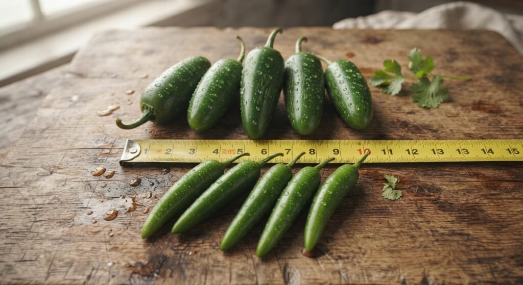 Flat lay comparison of jalapeño and serrano pepper sizes next to a measuring tape.