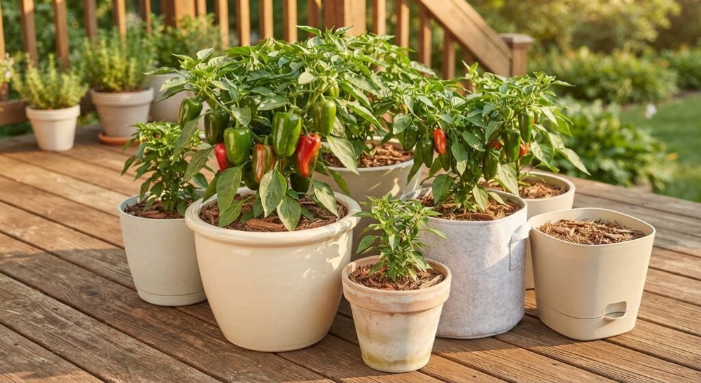 Potted pepper plants grouped together in light-colored containers on a wooden deck.