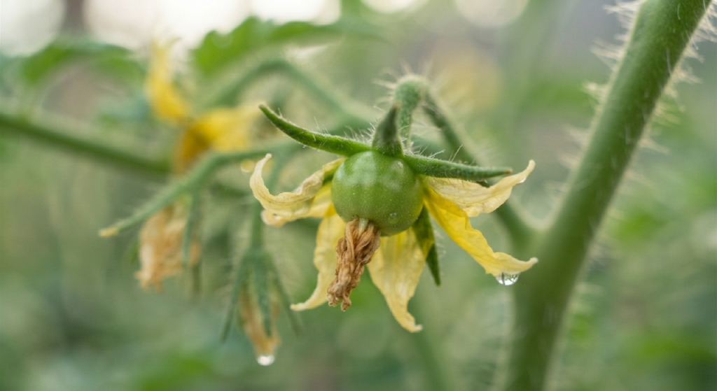 Small green tomato forming after successful fruit set.