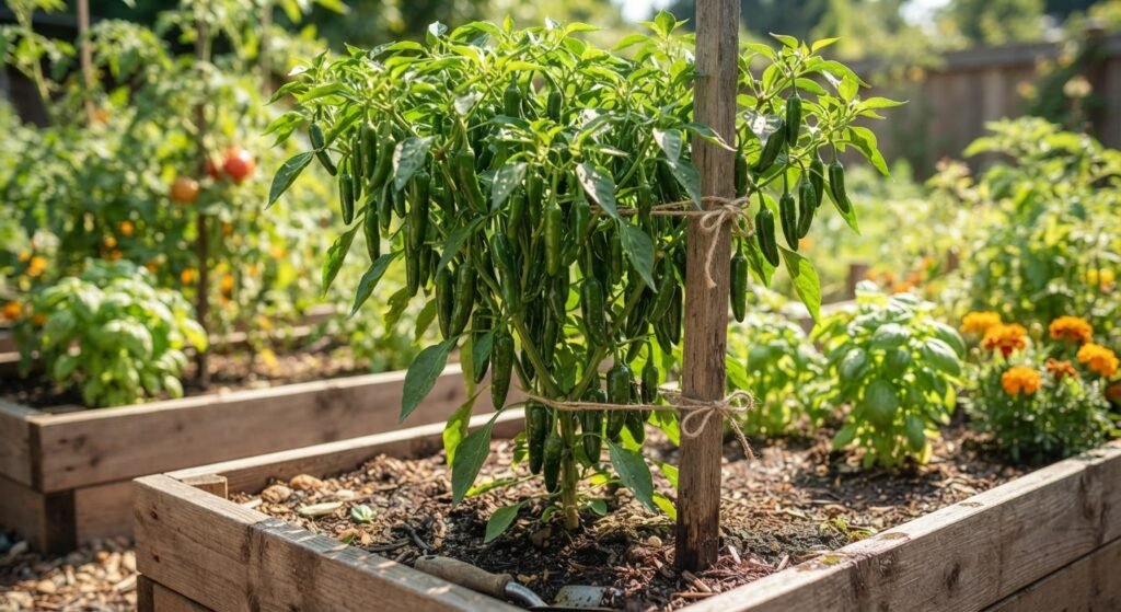 A tall, productive serrano pepper plant supported by a stake in a garden bed.