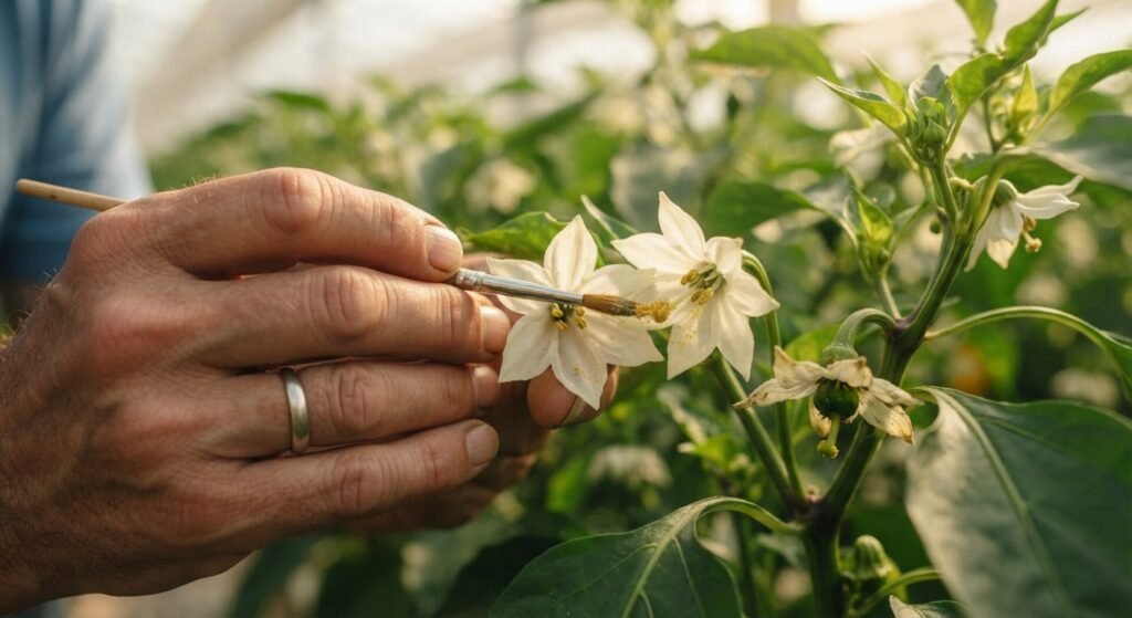 Hand-pollinating white pepper flowers with a soft brush inside a greenhouse.