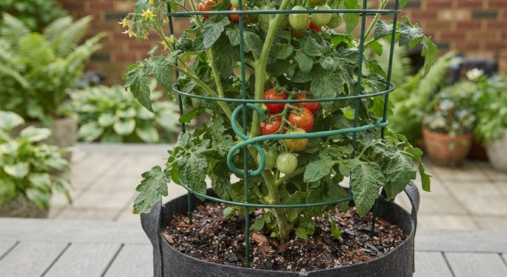 Tomato plant supported by a wire cage in a container.